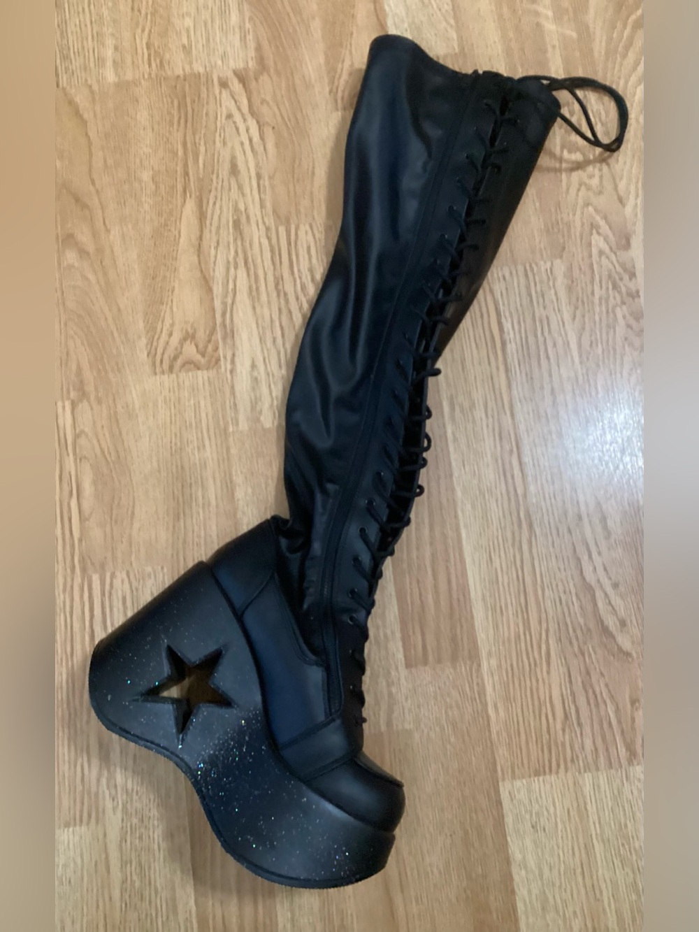 Demonia Dynamite-300 Black Matte Star Cutout Platform Thigh-High Boots Womens 9 - Picture 11 of 14